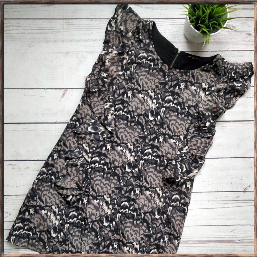 MADEWELL Pretty Plumes Silk Flutter Sleeve Short Back Zipper Black Tan Dress 8